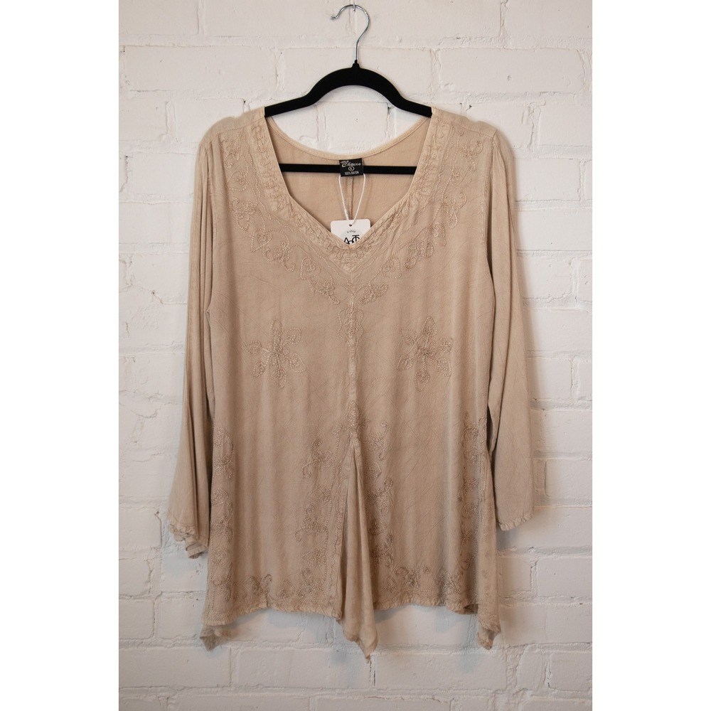 My Choice Tan Embroidered V-Neck Rayon Tunic Top Sharkbite Hem Large